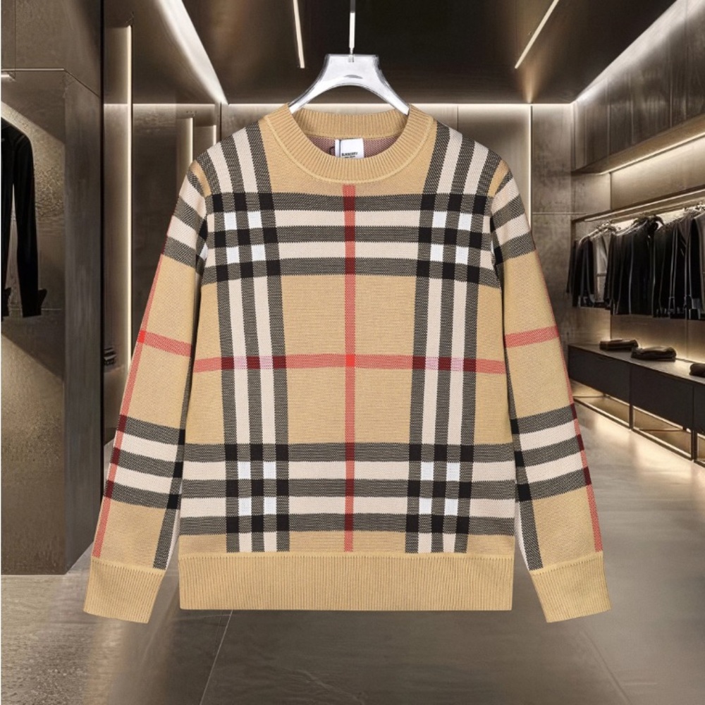 Burberry Tan and Red Plaid Crewneck Sweater
